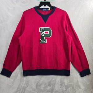 Polo Ralph Lauren Large PILE FLEECE LETTERMAN SWEATSHIRT HOLIDAY RED/CRUISE
